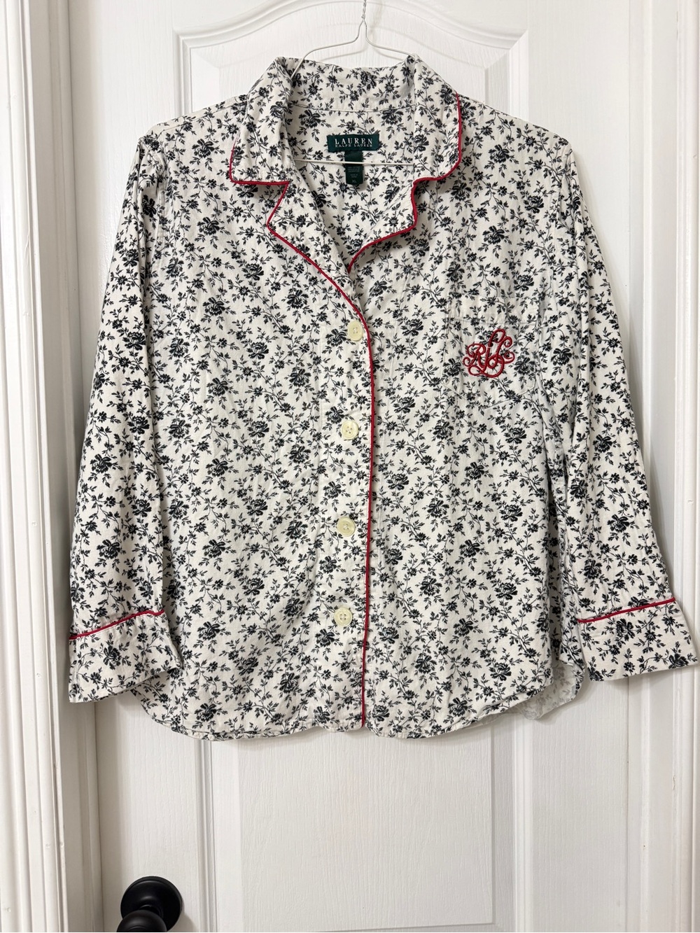 Lauren Ralph Lauren floral 100% cotton monogram pajama top white long sleeve XL